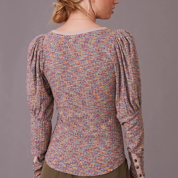 Anthropologie Puff Sleeve Knit Henley Top Multicolor Space Dye Medium EUC - Picture 3 of 15